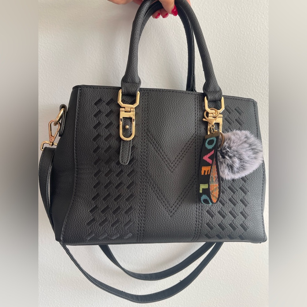 Black Leather Handbag with Gold Accents
